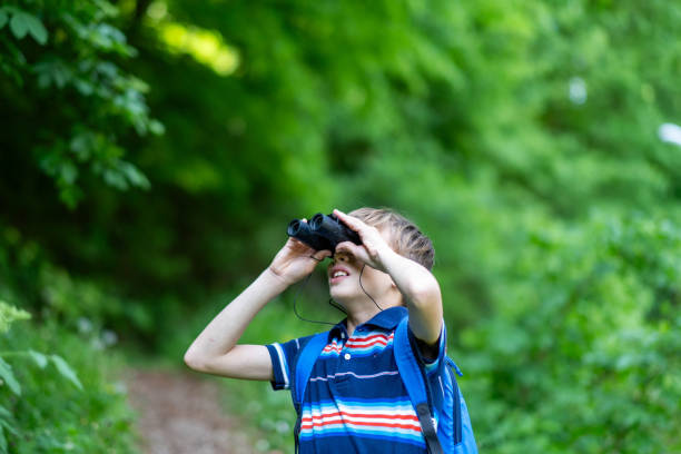 istock a boy in the forest looks through binoculars 2158161304