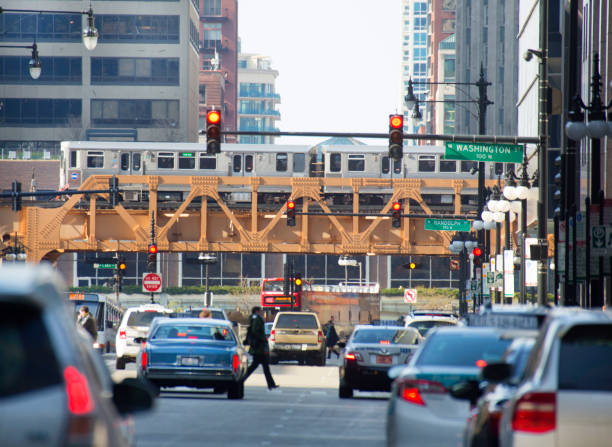 Traffic intersection and transit rail in city, Chicago