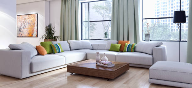istock Large luxury modern bright interiors Living room mockup illustration 3D rendering image 2158165436
