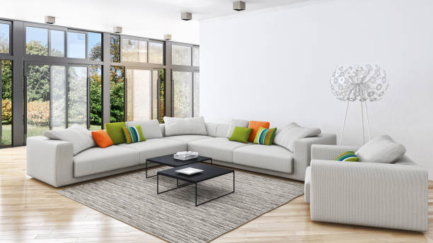 istock Large luxury modern bright interiors Living room mockup illustration 3D rendering image 2158165557