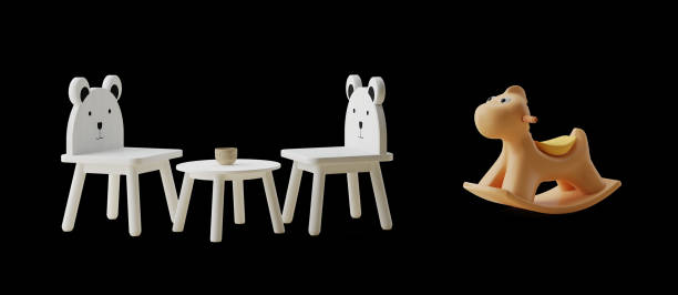 Kid chairs and rocking horse isolated.3d rendering
