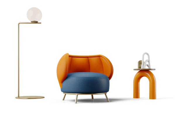 istock Midcentury style armchair and table with floor lamp isolated.3d rendering 2158165727