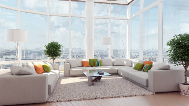istock Large luxury modern bright interiors Living room mockup illustration 3D rendering image 2158167369