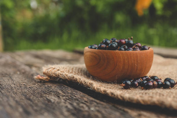 Black currant in a wooden bowl on nature.