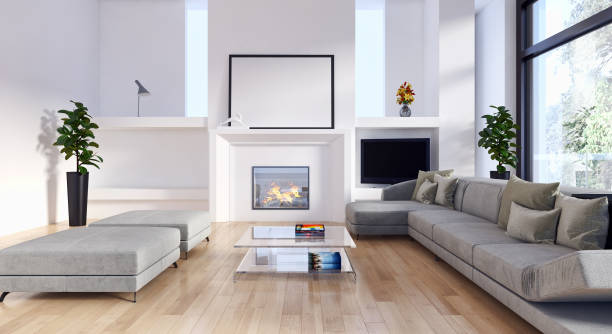 istock Large luxury modern bright interiors Living room mockup illustration 3D rendering image 2158168985