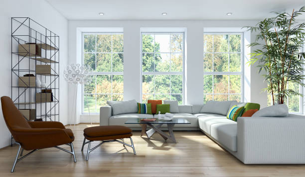 istock Large luxury modern bright interiors Living room mockup illustration 3D rendering image 2158170447