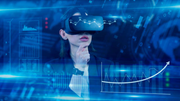 istock Business People, Employee wearing VR glasses and working on virtual holographic computer screen. Launching high-technological startup, Young engineer wearing vr headset. Technology concept. 2158171204