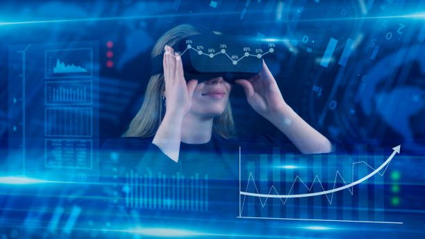 istock Business People, Employee wearing VR glasses and working on virtual holographic computer screen. Launching high-technological startup, Young engineer wearing vr headset. Technology concept. 2158171223