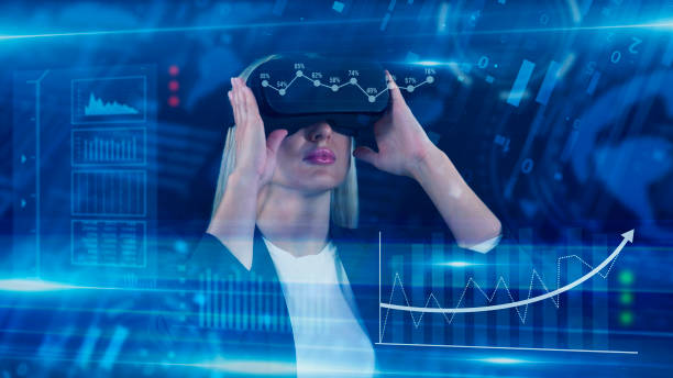 istock Business People, Employee wearing VR glasses and working on virtual holographic computer screen. Launching high-technological startup, Young engineer wearing vr headset. Technology concept. 2158171269
