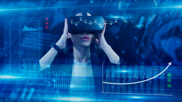 istock Business People, Employee wearing VR glasses and working on virtual holographic computer screen. Launching high-technological startup, Young engineer wearing vr headset. Technology concept. 2158171286