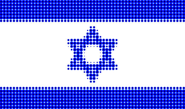 Israeli flag rendered as a coarse color halftone with an unusual orthogonal screen angle.