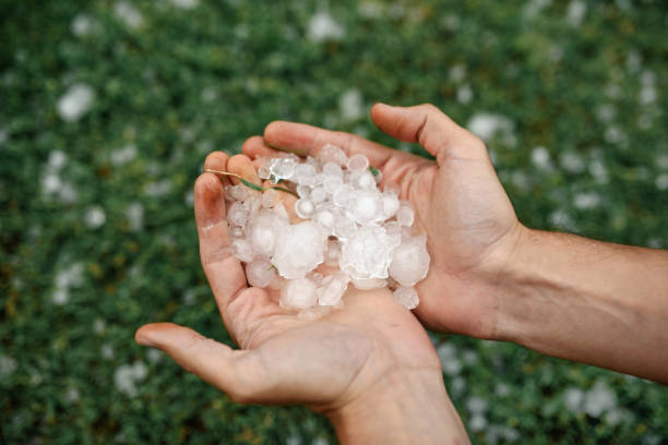 istock Hands holding quarter sized hail stones. Natural disaster concept. 2158177736
