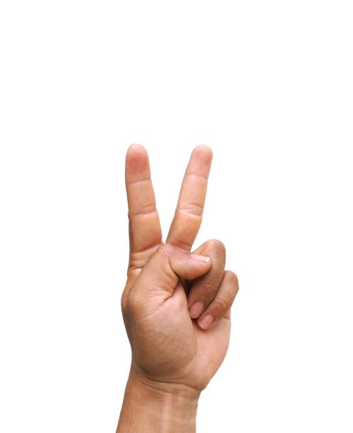 istock Male hand making two fingers gesture isolated on white background. 2158178600