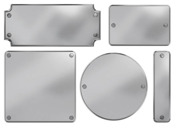 istock Steel plaque with rivets. Isolated metallic nameboards set. 3D rendering. 2158181833