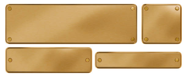 istock Golden plaque with rivets. Isolated metallic nameboards set. 3D rendering. 2158181838