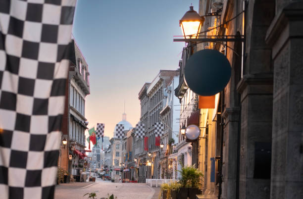 Checkered flags adorn the historic Old Montreal district in advance of the racing automobile race being held in early June.