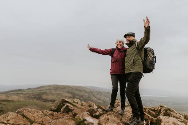 istock Happy senior couple on mountain top 2158183589