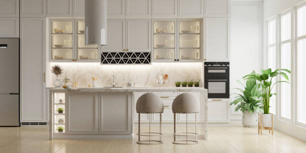 istock Minimalist kitchen room interior design with white tone room- 3D rendering 2158184406