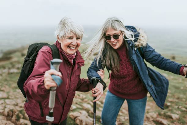 istock Happy senior women hiking, outdoor activity 2158185076