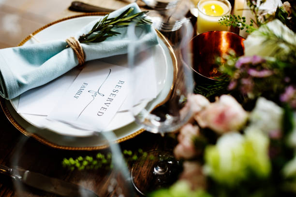 istock Elegant Restaurant Table Setting Service for Reception with Reserved Card 2158190967