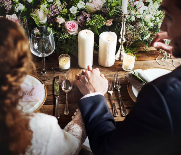 istock Bride and Groom Holding Hands Each Other on Wedding Reception 2158190998
