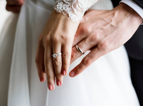 istock Bride and Groom Showing Their Engagement Wedding Rings on Hands 2158191140