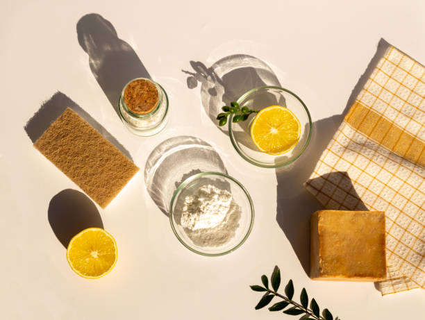 Eco cleaning, cope space, cleaning with baking soda and lemon, natural soap, flat lay