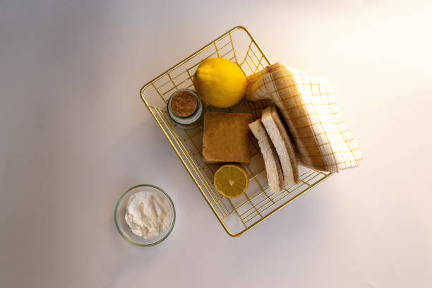 istock Eco cleaning concept, copy space, cleaning with natural zero waste organic  detergent. minimal flat lay 2158191273