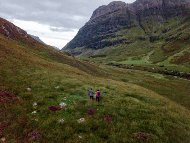 Couple trekking in Glen Etive, Scotland