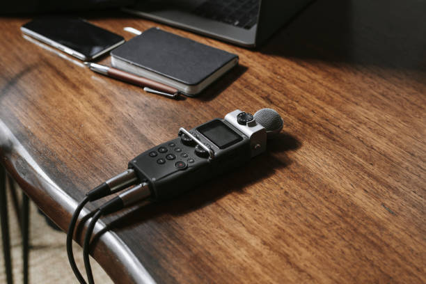 Portable sound recorder on a wooden table