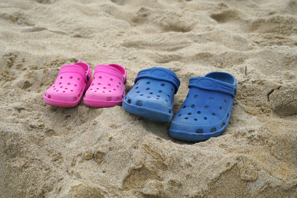 Pink and blue flip-flops on the beach. Copy space in the sky.