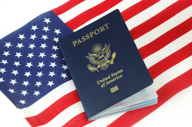 istock passport of USA on the national flag 2158197319