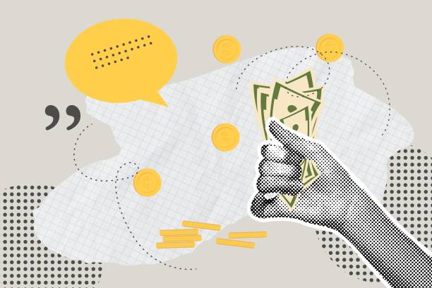 Fashionable halftones collage business concept. Concept of saving, saving, saving, collecting money. Trendy modern retro illustration on financial theme. Vector illustration of business, contract approval, finances, marketing materials. Vector illustration