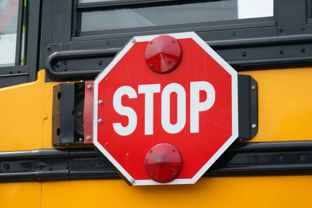 Female bus driver wearing a protective face mask and shield while driving a school bus during COVID-19 to avoid the transfer of germs.