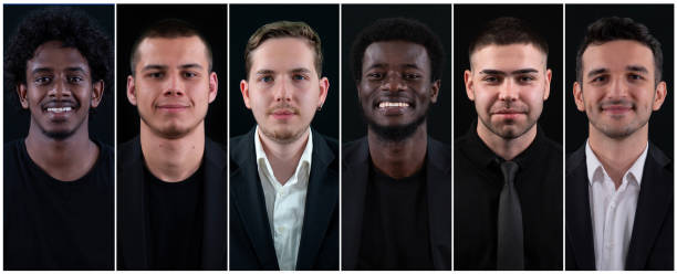 Cheerful diverse young and middle aged people isolated portrait set. Smiling attractive men of different ages and races multiple shot. Happy multiethnic young and old people in formal outwear smiling at camera, collection of candid photos in a row, collage, panorama.