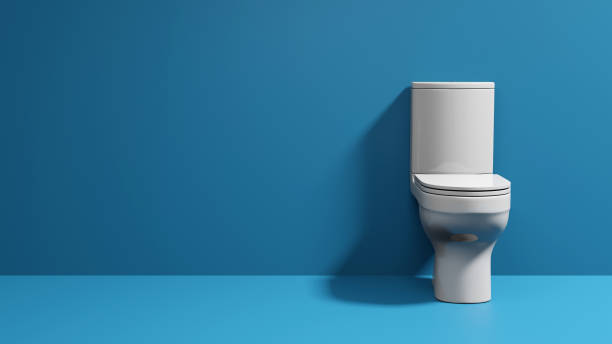 istock Front view of white toilet bowl on blue background 2158198184
