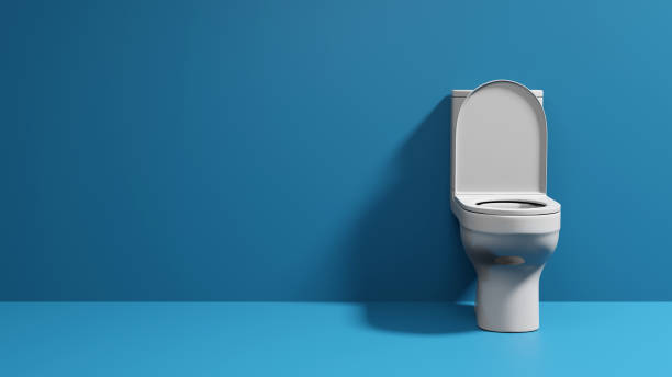 istock Front view of white toilet bowl with lid open on blue background 2158198185