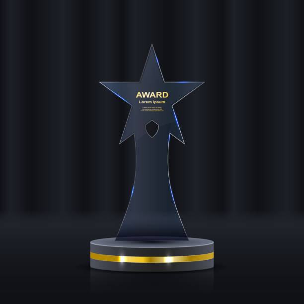 istock Glass award trophy set. Transparent prize template. Winner first place concept 2158199591