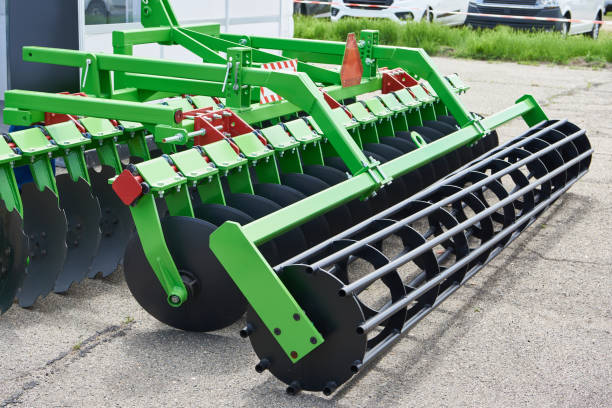 Trailed hydraulic in-line disc harrow at agricultural exhibition