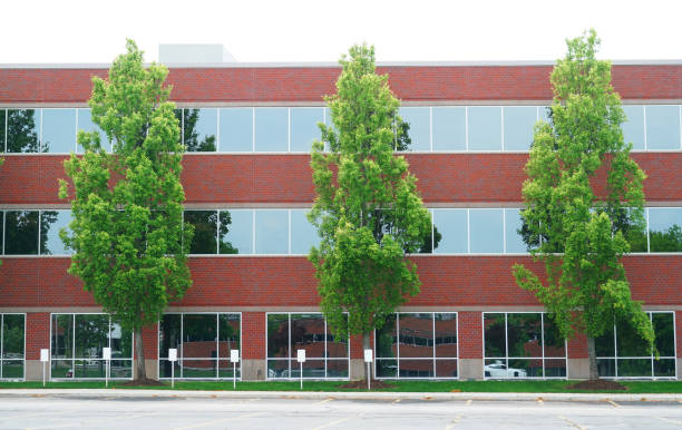 istock exterior view of office building with green trees in front 2158202796