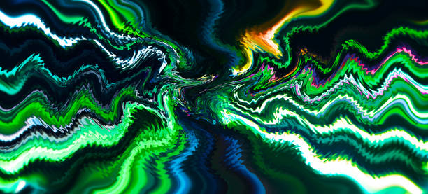 Image of a colorful diffusion of green and other light rays pulsating violently from center of the black background.