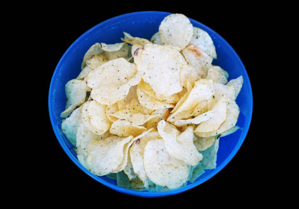 high angle view of chips in the blue bowl