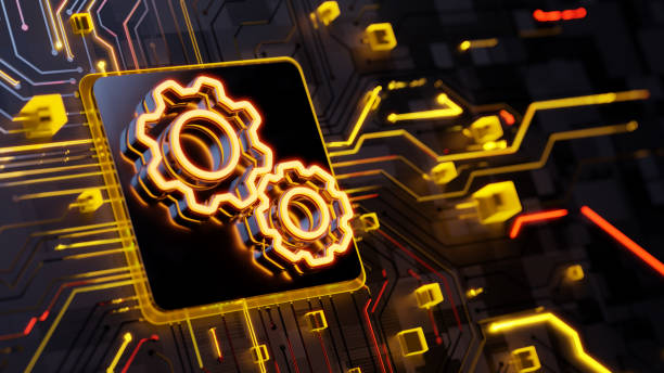 istock Innovation, technology concept. Glowing gears 3d symbol on the abstract circuit board with light trails as data streaming symbol 2158208821