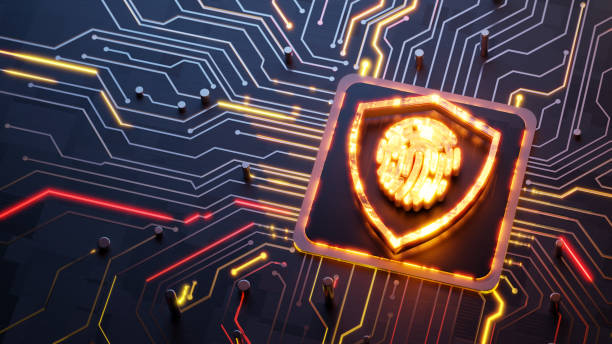 istock Personal data safety concept. Glowing shield and fingerprint symbol on abstract microchip and circuit board with laser rays as symbol of data transfer 2158208842