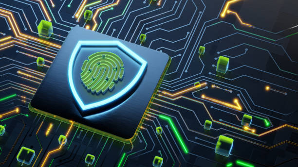 istock Personal data safety concept. Glowing shield and fingerprint symbol on abstract microchip and circuit board with laser rays as symbol of data transfer 2158208856