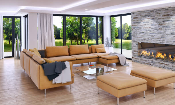 istock Large luxury modern bright interiors Living room mockup illustration 3D rendering image 2158209159