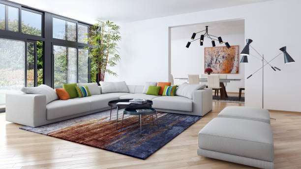 istock Large luxury modern bright interiors Living room mockup illustration 3D rendering image 2158209565