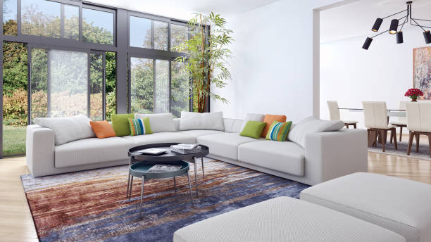istock Large luxury modern bright interiors Living room mockup illustration 3D rendering image 2158209573