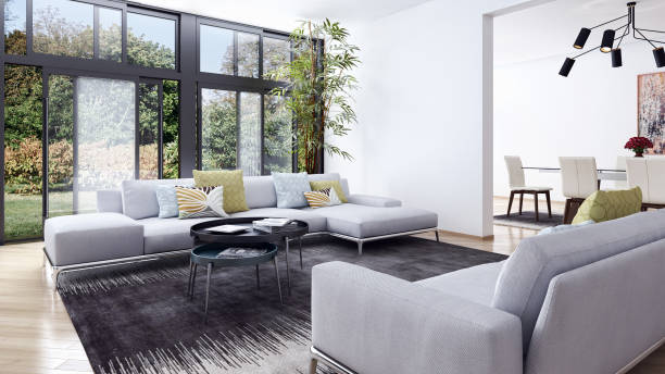 istock Large luxury modern bright interiors Living room mockup illustration 3D rendering image 2158209581