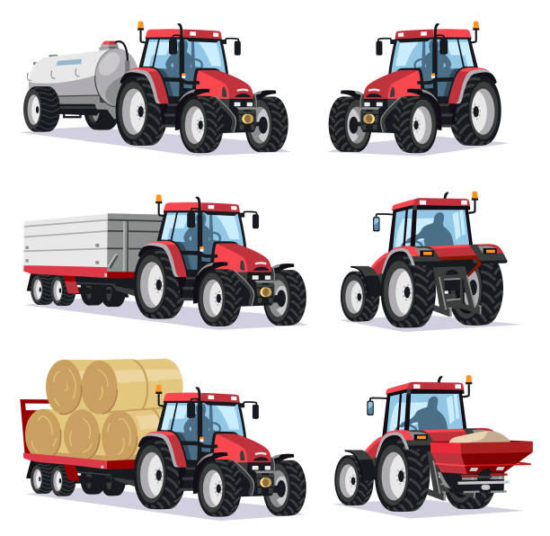 Red Tractor Set Vector illustrations of tractors with a trailer, a manure spreader/ slurry tank, hay bales and a fertilizer spreader. Front and rear views, isolated on white background. manure-spreader stock illustrations